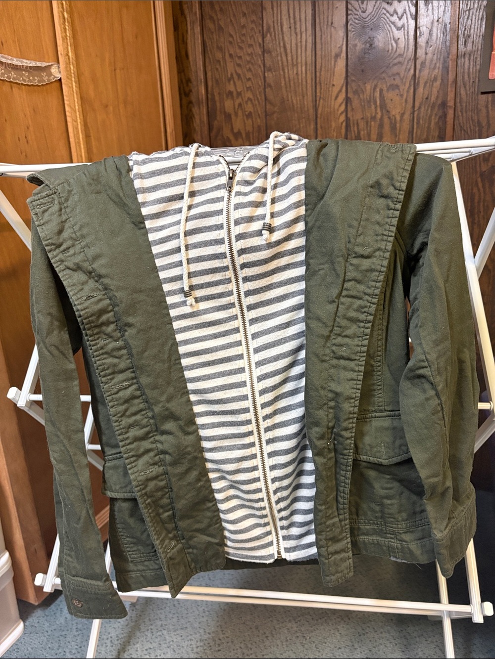 Forever 21 Olive Green Utility Jacket with Striped Gray & White Hooded Insert